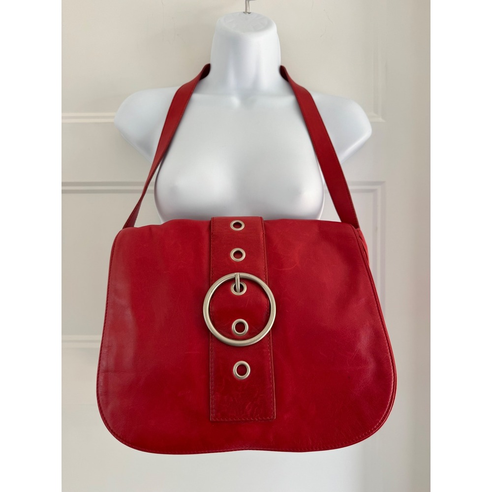 Hype Red Genuine Leather Shoulder Bag Y2K Large Buckle Grommet Flap Purse